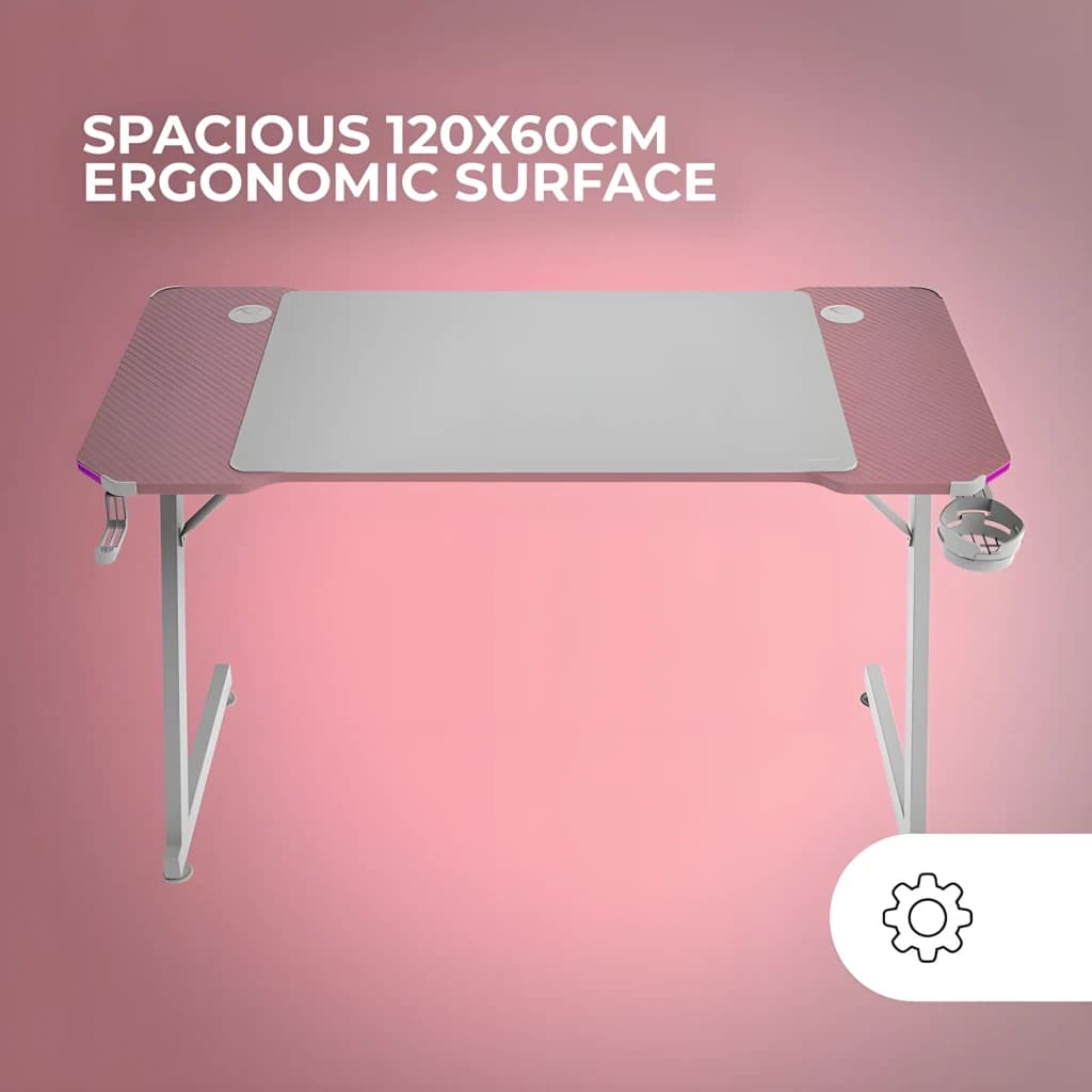 Mars Gaming MGD-X120RGB 120x60cm Rosa, vista frontal: superficie ergonómica, patas metálicas, portavasos y luz ARGB lateral