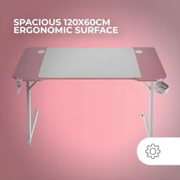 Mars Gaming MGD-X120RGB 120x60cm Rosa, vista frontal: superficie ergonómica, patas metálicas, portavasos y luz ARGB lateral