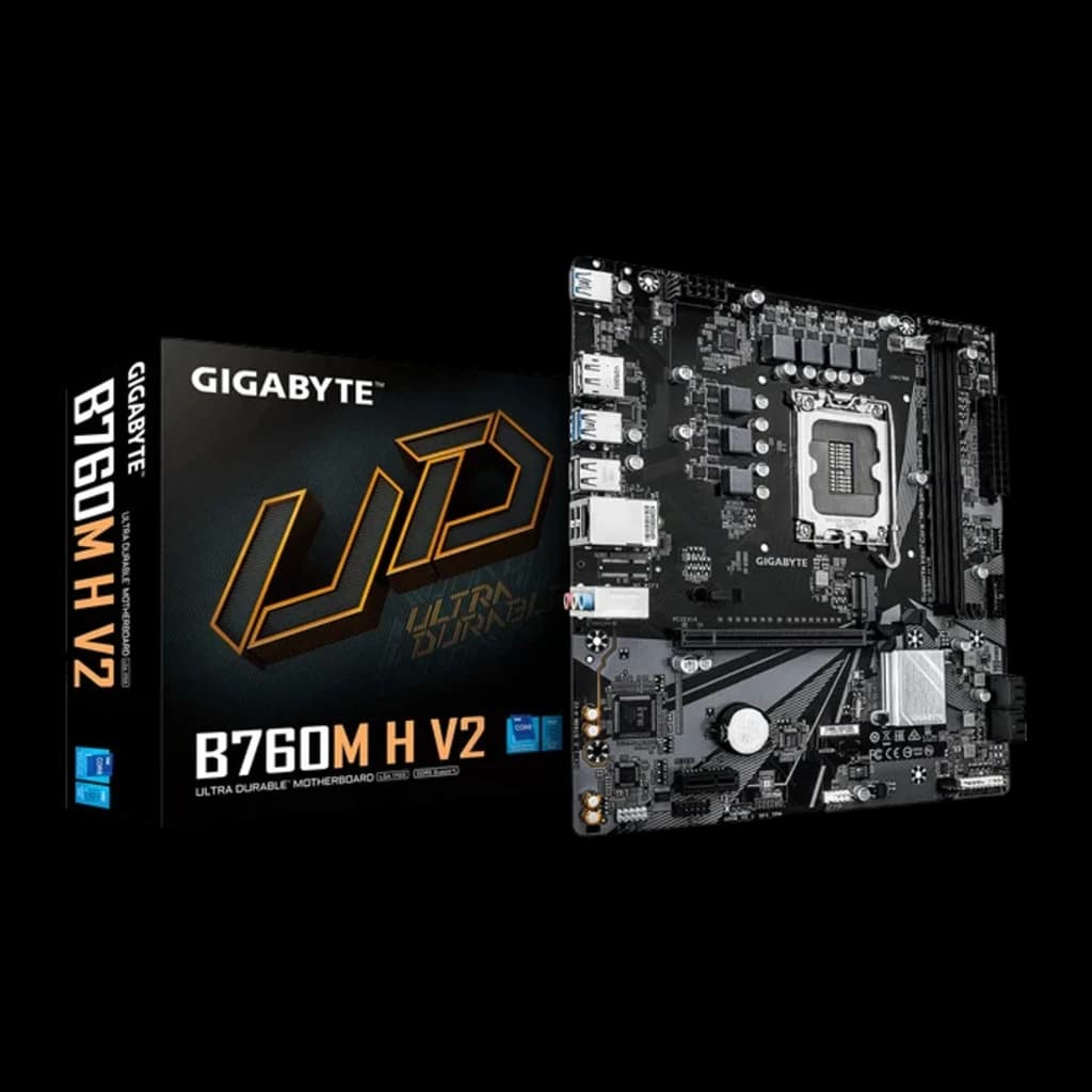 Gigabyte B760M H V2 128GB marrón oscuro, vista principal: placa base y caja del producto con logo Ultra Durable