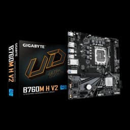 Gigabyte B760M H V2 128GB marrón oscuro, vista principal: placa base y caja del producto con logo Ultra Durable