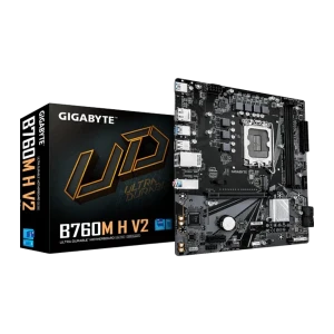 Gigabyte B760M H V2 128GB castanho escuro, vista principal: placa-mãe e caixa do produto com logo Ultra Durable