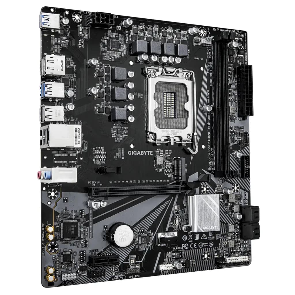 Gigabyte B760M H V2 128GB Dark Brown, vista en ángulo: socket LGA1700, ranuras RAM, PCIe y puertos traseros visibles