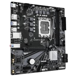 Gigabyte B760M H V2 128GB Dark Brown, vista en ángulo: socket LGA1700, ranuras RAM, PCIe y puertos traseros visibles