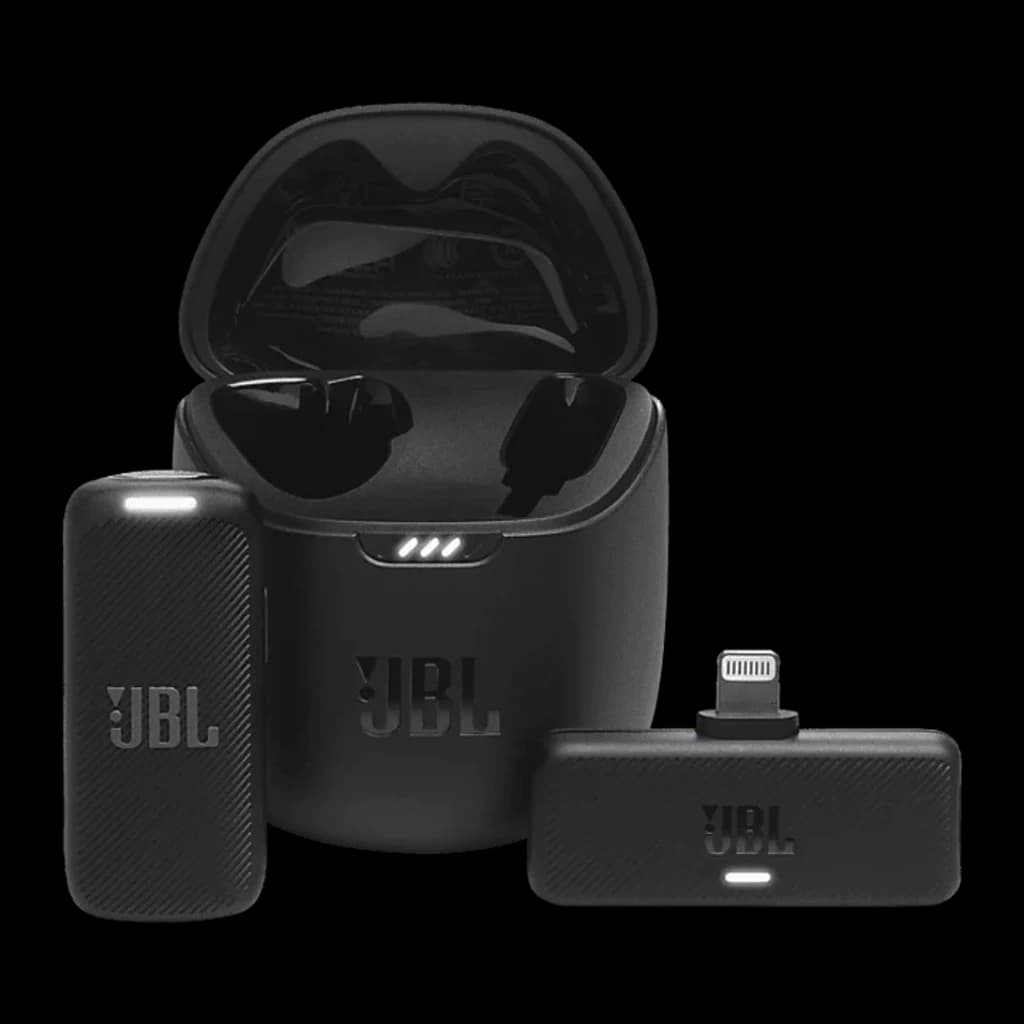 JBL Microphone Quantum Stream Wireless noir, ensemble: émetteur, récepteur Lightning et étui de charge ouvert