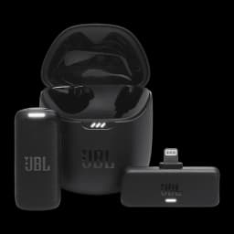 JBL Microphone Quantum Stream Wireless noir, ensemble: émetteur, récepteur Lightning et étui de charge ouvert