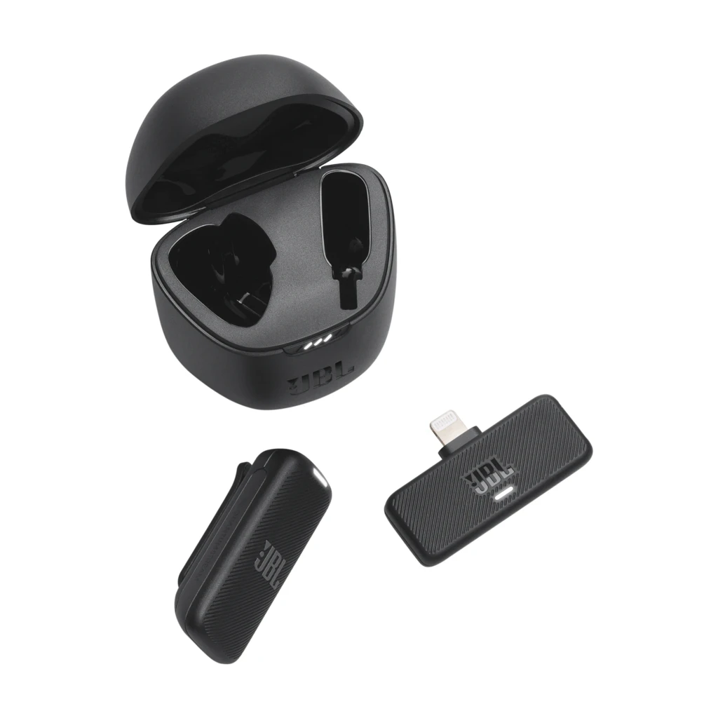 JBL Microphone Quantum Stream Wireless noir, ensemble: émetteur, récepteur Lightning et étui de charge ouvert - Ítem1