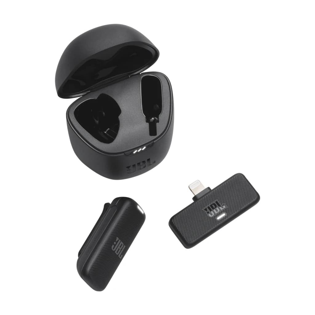 JBL Microphone Quantum Stream Wireless Noir, contenu: étui ouvert avec micros, récepteur Lightning et émetteur présentés