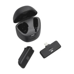 JBL Microphone Quantum Stream Wireless Noir, contenu: étui ouvert avec micros, récepteur Lightning et émetteur présentés