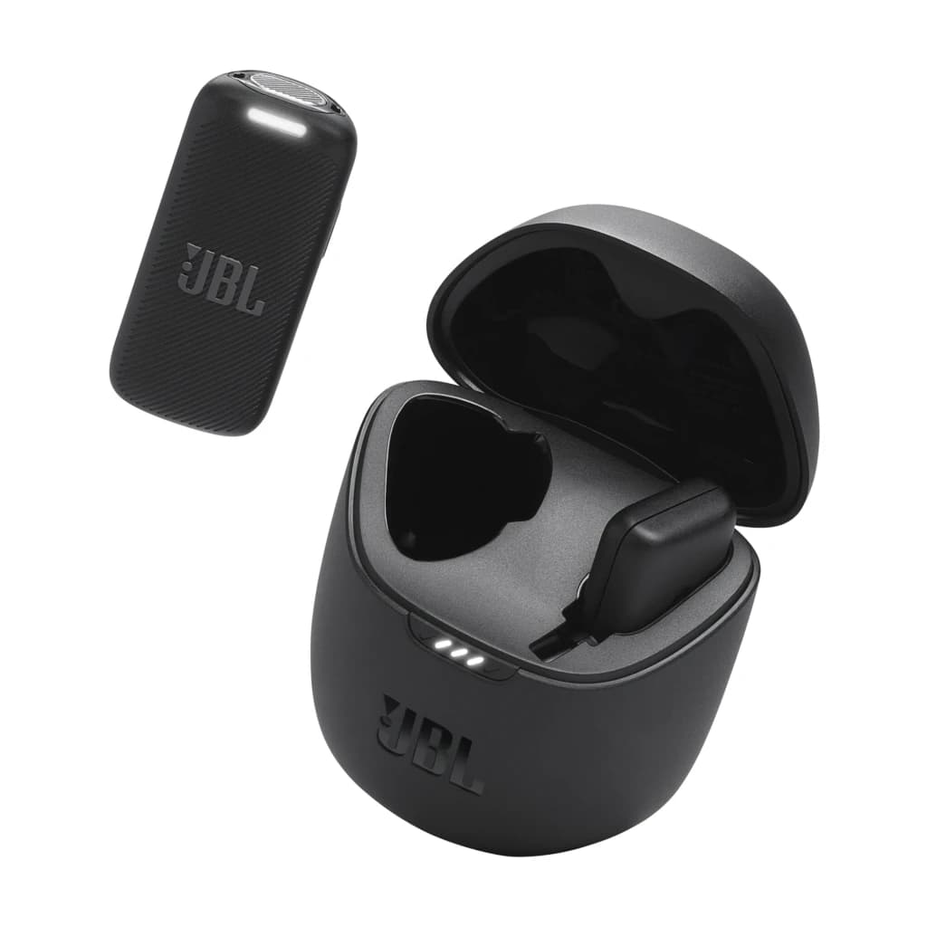 JBL Microphone Quantum Stream Wireless Noir, vue ensemble: étui ouvert avec récepteur et émetteur séparé en lévitation