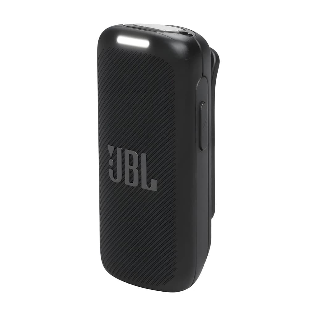 JBL Microphone Quantum Stream Wireless Noir, vue latérale: texture diagonale, logo JBL en relief, voyant LED et bouton