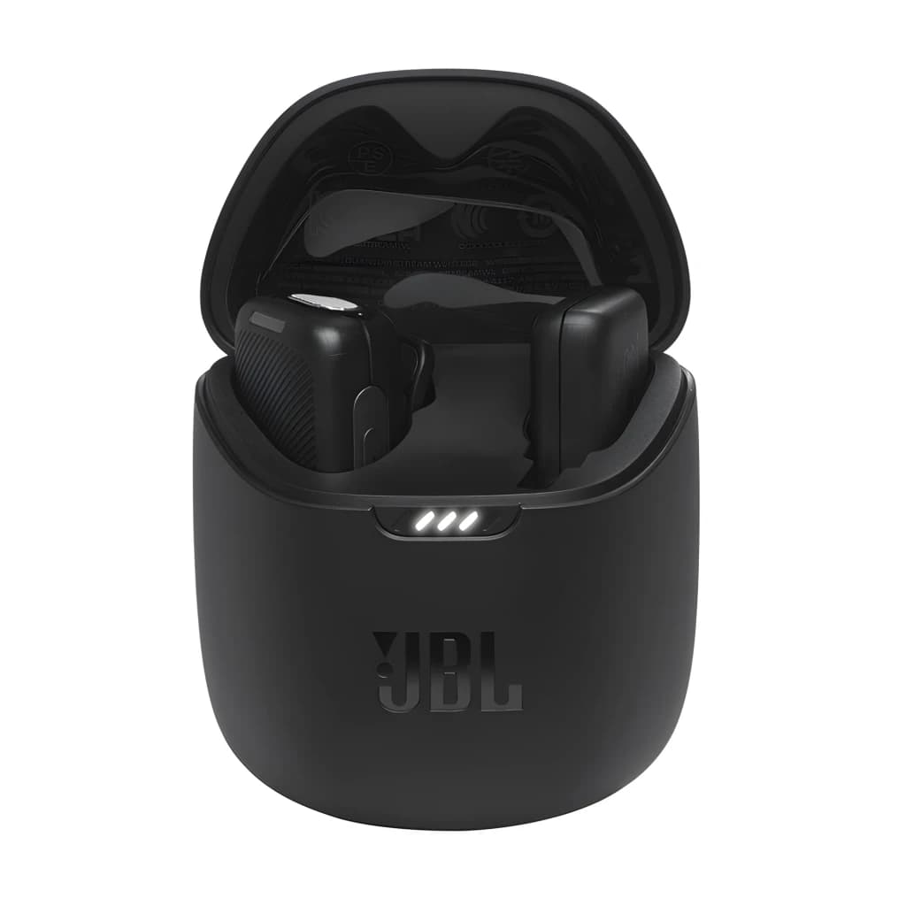 JBL Quantum Stream Wireless noir, étui ouvert: écouteurs TWS logés, couvercle ouvert et indicateurs LED frontaux
