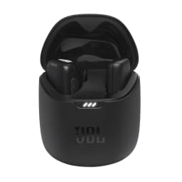 JBL Quantum Stream Wireless noir, étui ouvert: écouteurs TWS logés, couvercle ouvert et indicateurs LED frontaux