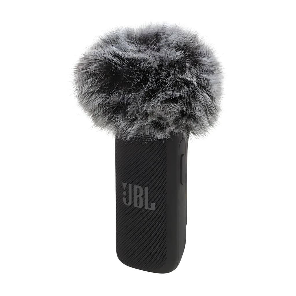 JBL Microphone Quantum Stream Wireless Noir, vue avant: corps noir avec logo JBL et bonnette fourrure grise montée