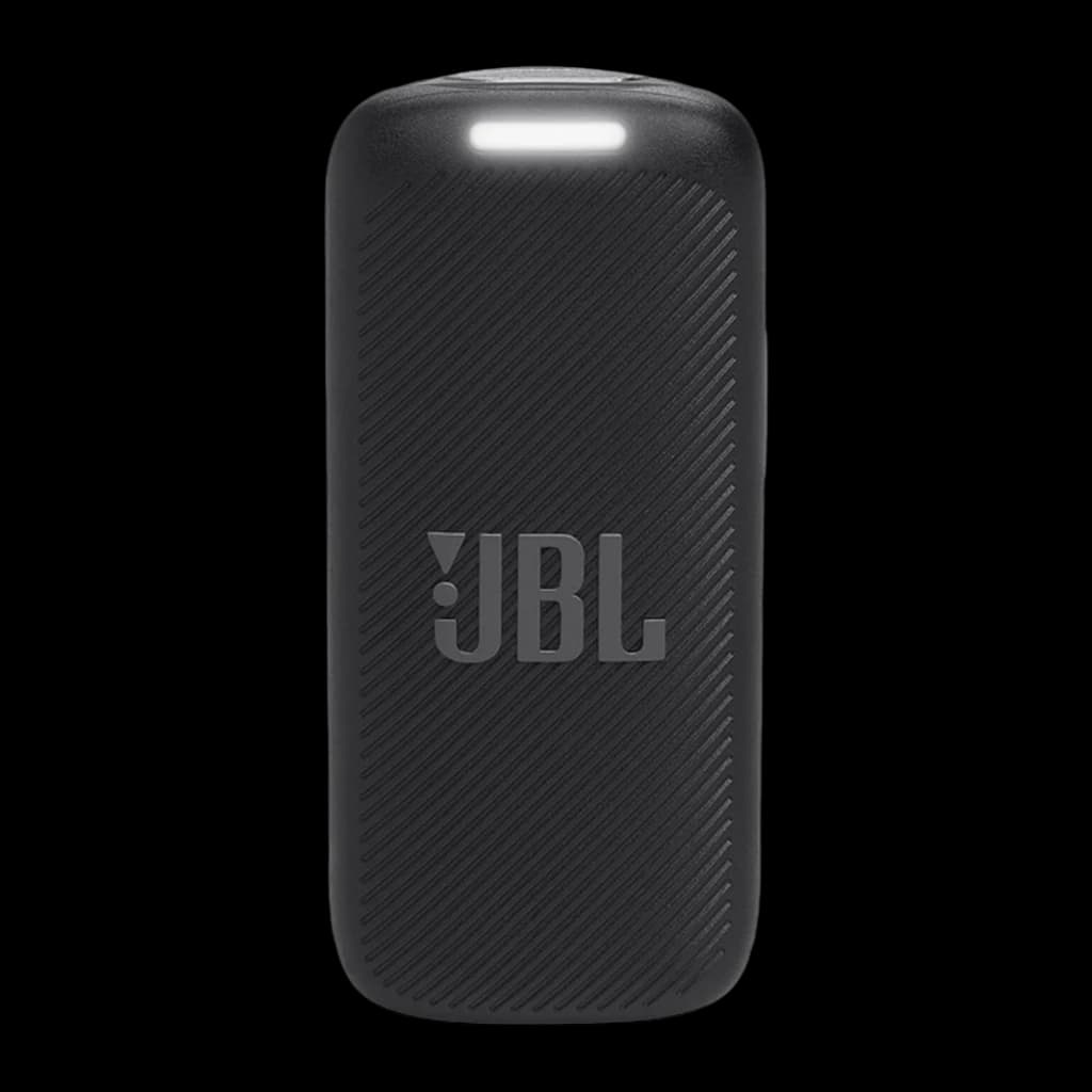 JBL Microphone Quantum Stream Wireless noir, vue avant: corps rectangulaire à texture diagonale, logo JBL et voyant LED