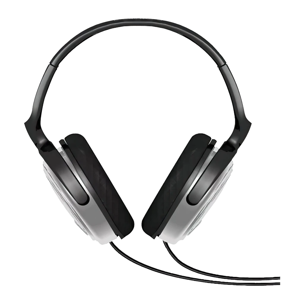 Philips SHP2500 preto e prata, vista lateral em ângulo: cápsula prateada com logo e modelo, arco preto ajustável e cabo - Item1