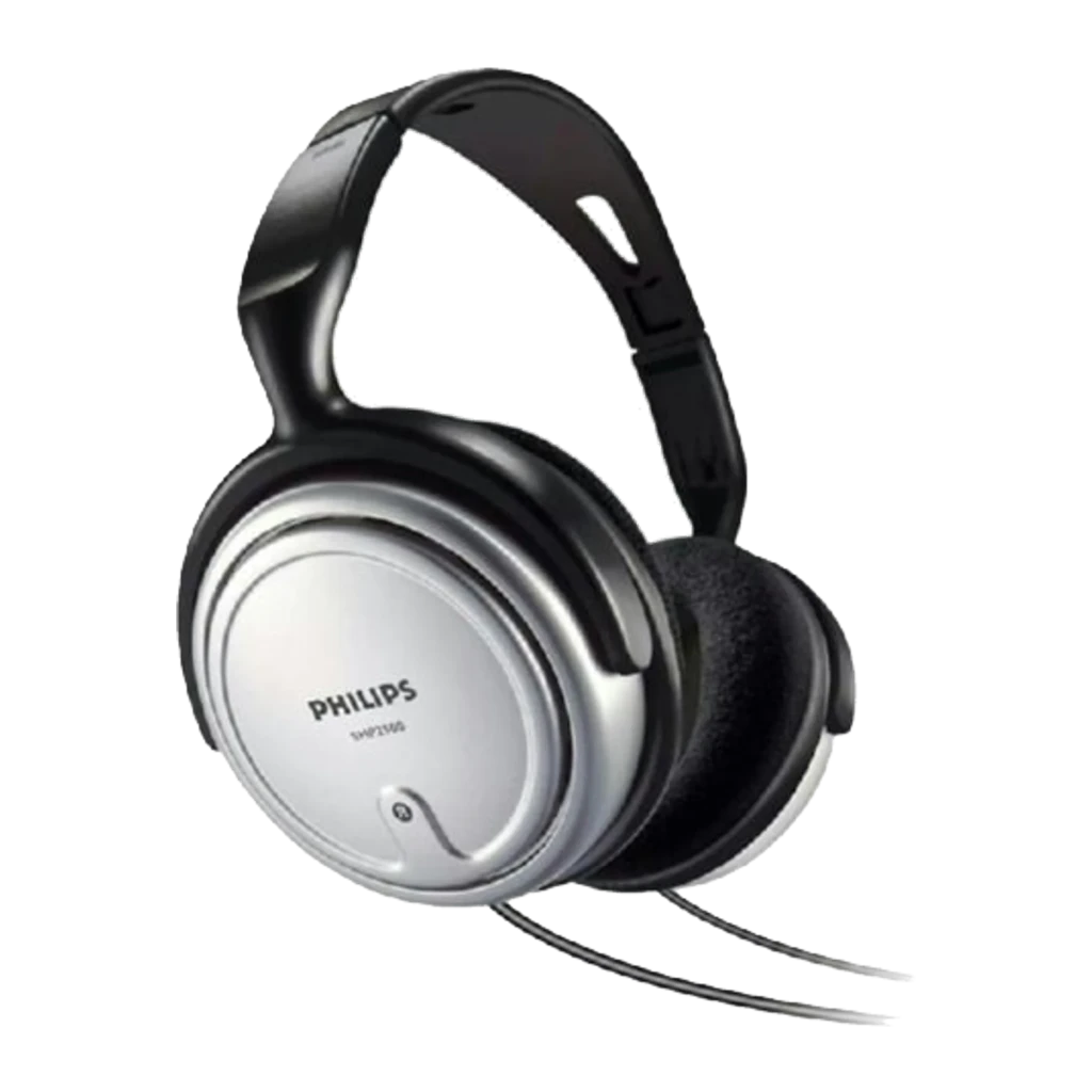 Philips SHP2500 preto e prata, vista lateral em ângulo: cápsula prateada com logo e modelo, arco preto ajustável e cabo - Item2