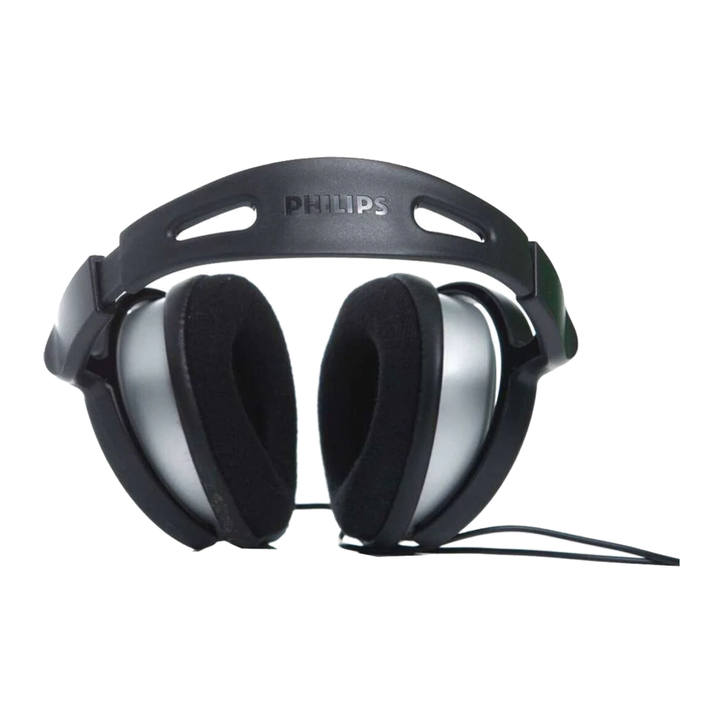 Philips SHP2500 preto e prata, vista lateral em ângulo: cápsula prateada com logo e modelo, arco preto ajustável e cabo - Item3