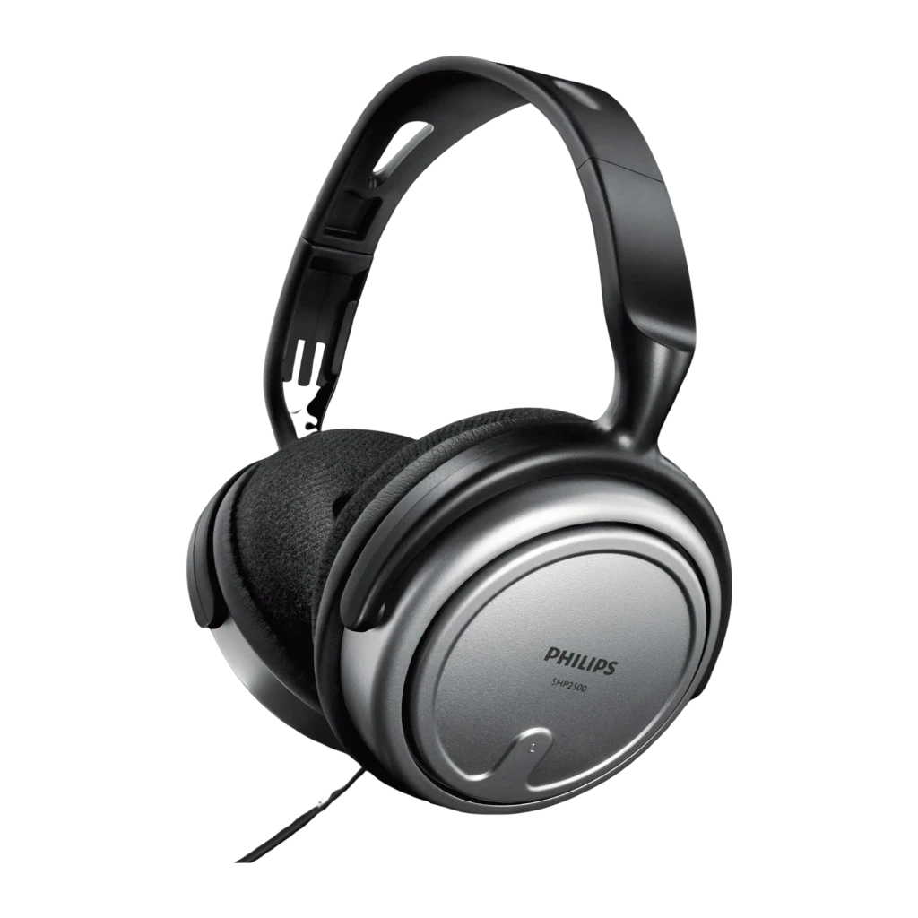 Philips SHP2500 preto e prata, vista lateral em ângulo: cápsula prateada com logo e modelo, arco preto ajustável e cabo - Item4