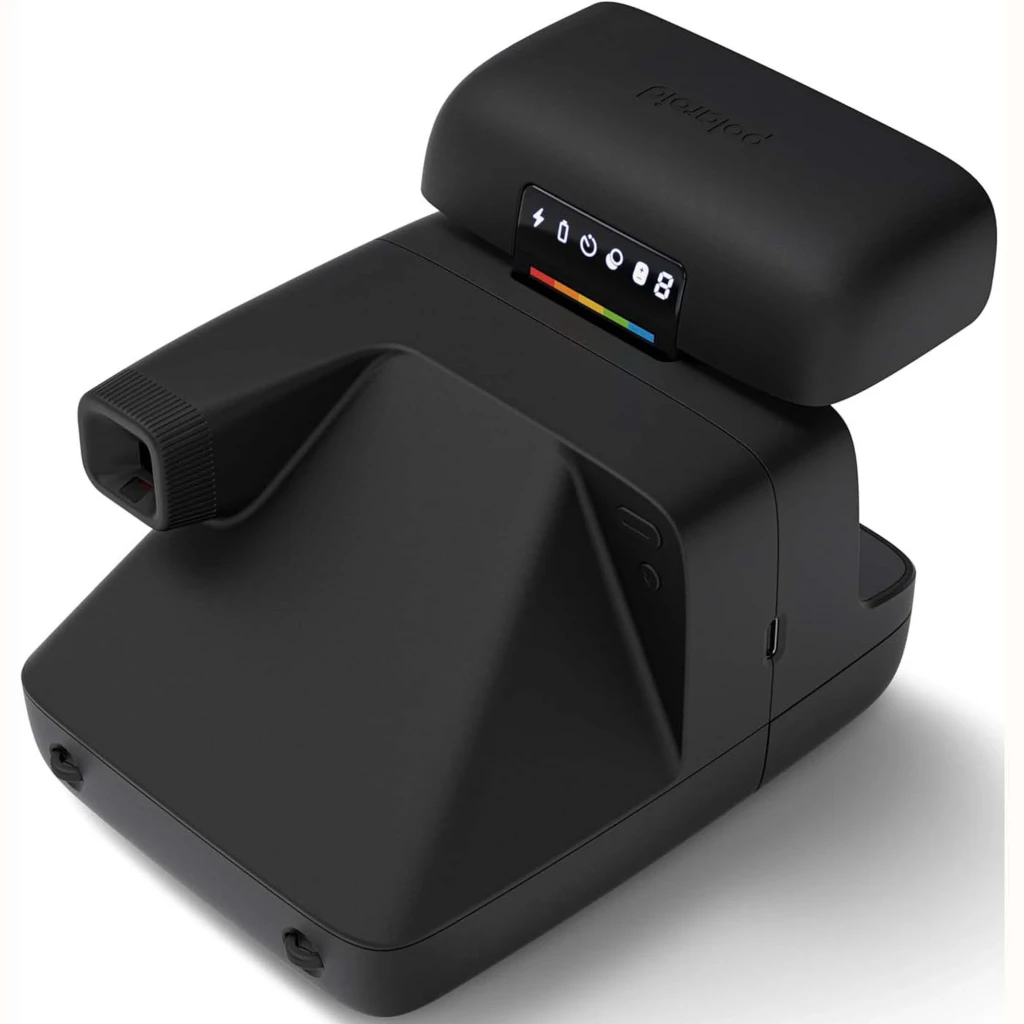 Polaroid Cámara instantánea Flip negro, vista frontal en ángulo: lente sonar autofocus, botón rojo, flash abatible con - Ítem2