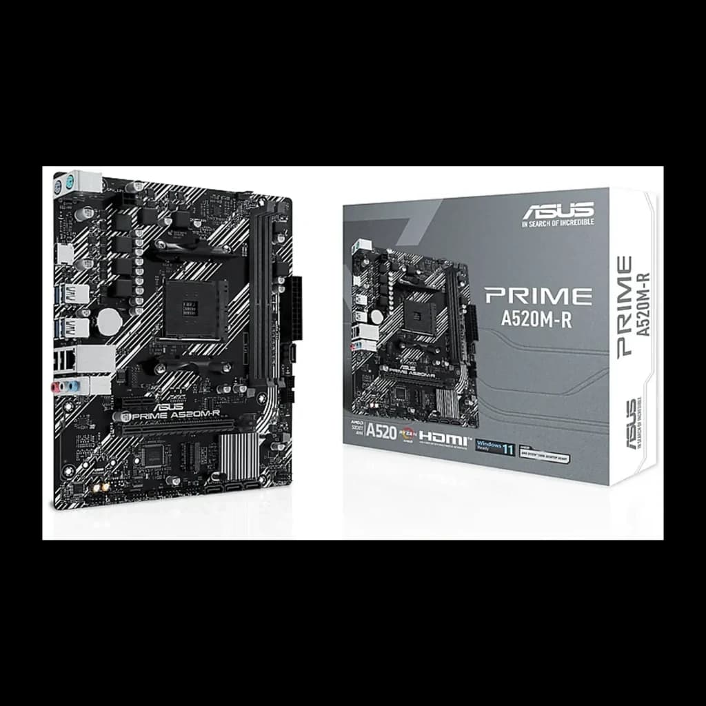 ASUS Carte mère PRIME A520M-R Noir, vue avec boîte: carte Micro-ATX noire avec emballage retail gris