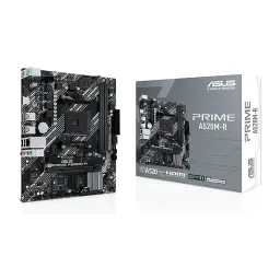 ASUS Carte mère PRIME A520M-R Noir, vue avec boîte: carte Micro-ATX noire avec emballage retail gris