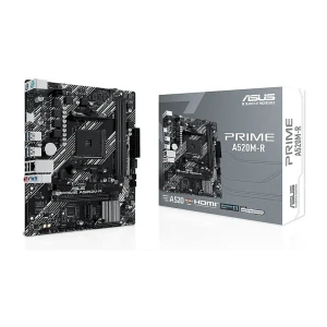ASUS Placa-mãe PRIME A520M-R Preto, vista com caixa: placa Micro-ATX preta ao lado da embalagem cinza
