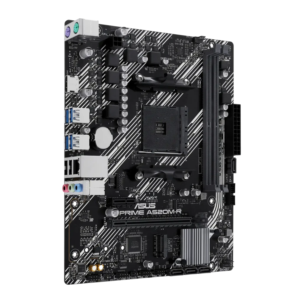 ASUS Placa-mãe PRIME A520M-R Preto, vista com caixa: placa Micro-ATX preta ao lado da embalagem cinza - Item2
