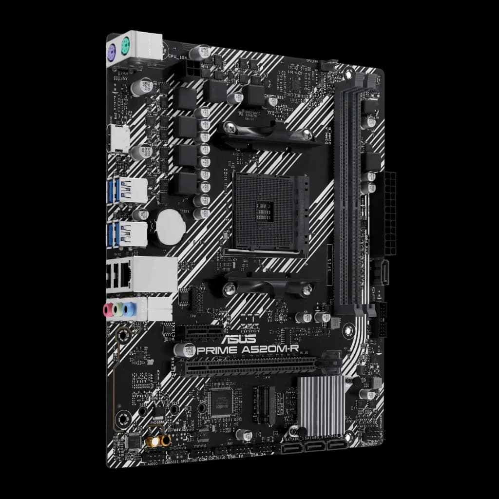 ASUS PRIME A520M-R noir, angle avant-gauche: panneau I/O avec ports USB, PS/2 et audio visibles