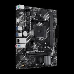 ASUS PRIME A520M-R noir, angle avant-gauche: panneau I/O avec ports USB, PS/2 et audio visibles