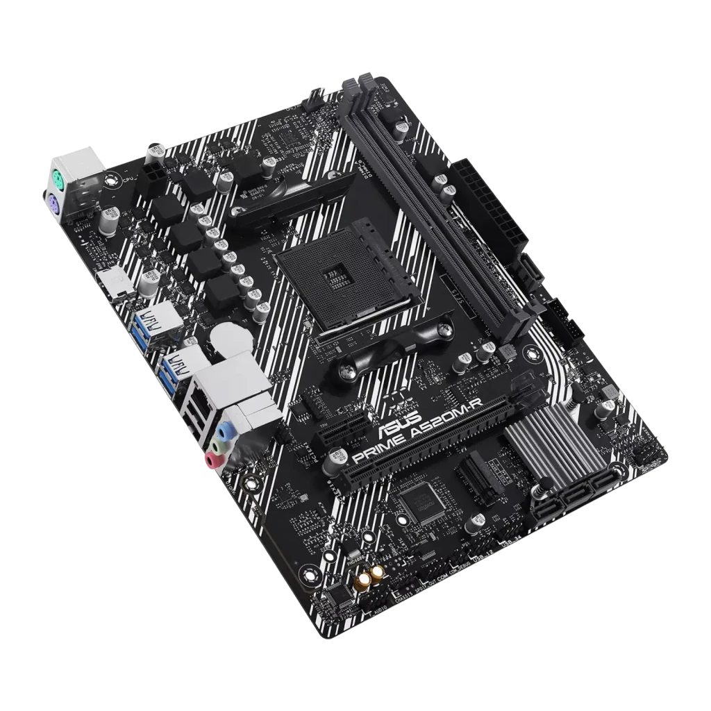 ASUS Placa-mãe PRIME A520M-R Preto, vista com caixa: placa Micro-ATX preta ao lado da embalagem cinza - Item3