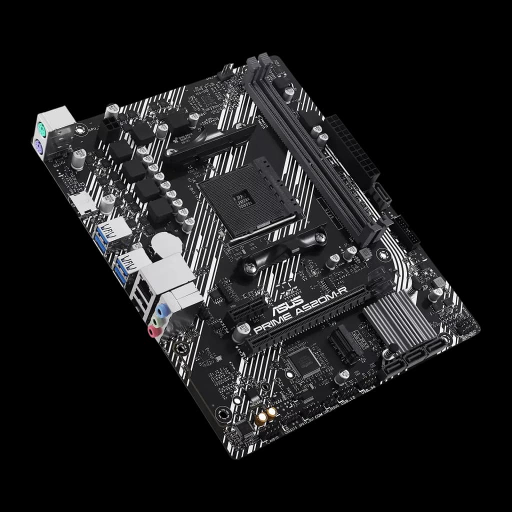 ASUS PRIME A520M-R noir, angle élevé côté gauche: dissipateur chipset, ports SATA et panneau I/O en perspective
