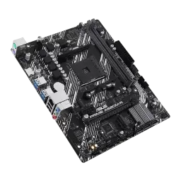 ASUS PRIME A520M-R noir, angle élevé côté gauche: dissipateur chipset, ports SATA et panneau I/O en perspective