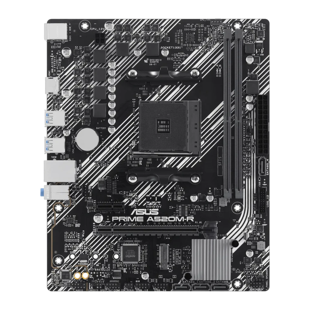 ASUS Placa-mãe PRIME A520M-R Preto, vista com caixa: placa Micro-ATX preta ao lado da embalagem cinza - Item1