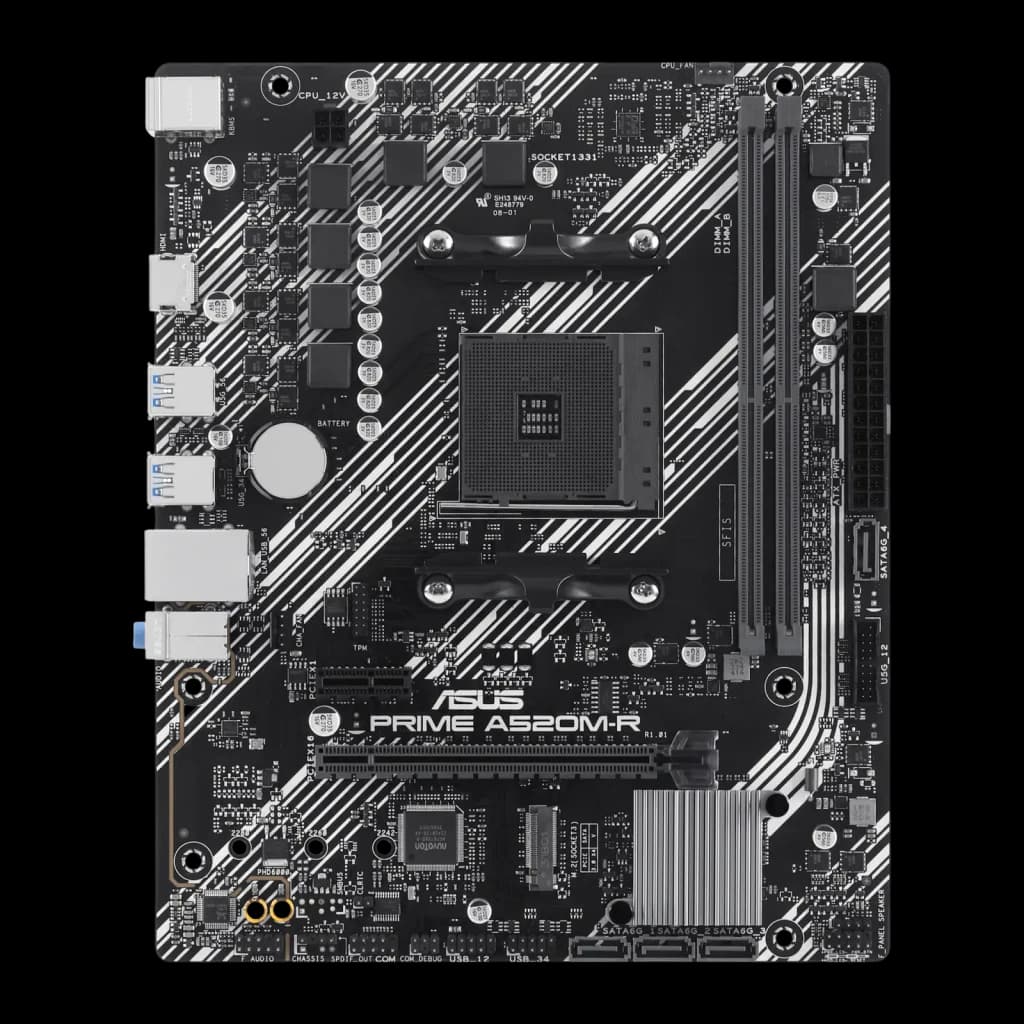 ASUS PRIME A520M-R noir, vue de dessus: socket AM4, slots DDR4, slot PCIe et motif diagonal blanc
