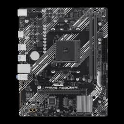 ASUS PRIME A520M-R noir, vue de dessus: socket AM4, slots DDR4, slot PCIe et motif diagonal blanc