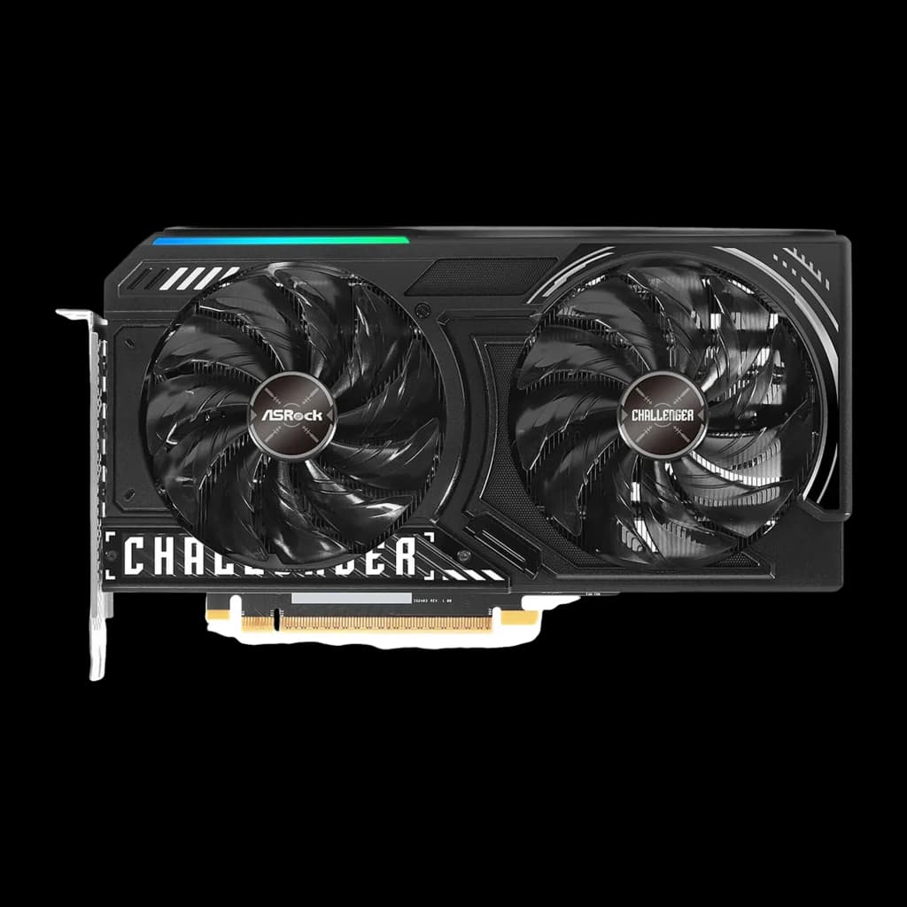 ASRock Arc B570 Challenger OC 10GB Negro, vista frontal: dos ventiladores, logo Challenger y franja RGB azul-verde
