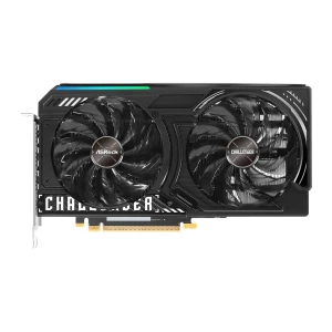 ASRock Arc B570 Challenger OC 10GB Preto, vista frontal: dois ventiladores, logo Challenger e faixa RGB azul-verde