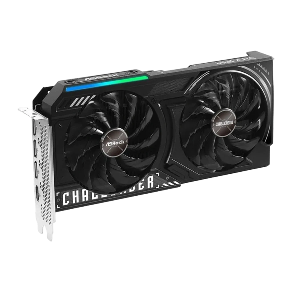 ASRock Arc B570 Challenger OC 10GB Preto, vista frontal: dois ventiladores, logo Challenger e faixa RGB azul-verde - Item1