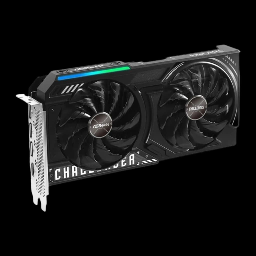 ASRock Arc B570 Challenger OC 10GB Negro, vista en ángulo: bracket con puertos y logo Intel Arc visible en shroud