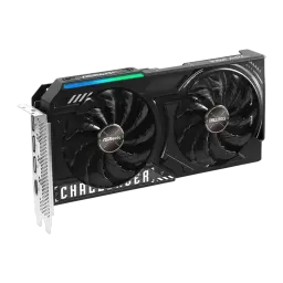 ASRock Arc B570 Challenger OC 10GB Negro, vista en ángulo: bracket con puertos y logo Intel Arc visible en shroud