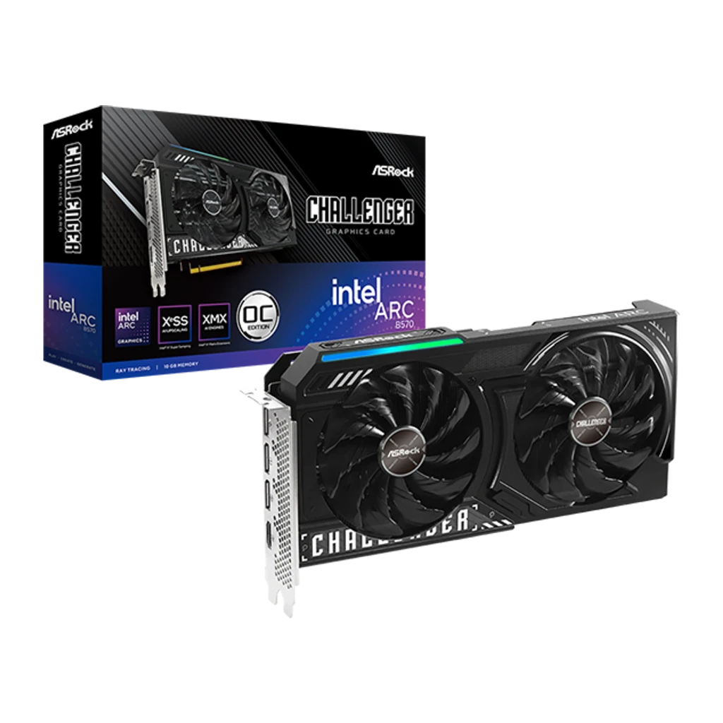 ASRock Arc B570 Challenger OC 10GB Preto, vista frontal: dois ventiladores, logo Challenger e faixa RGB azul-verde - Item2