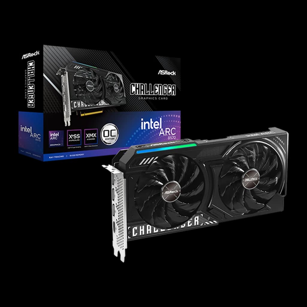 ASRock Arc B570 Challenger OC 10GB Negro, producto y caja: tarjeta con doble ventilador RGB y packaging frontal