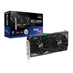 ASRock Arc B570 Challenger OC 10GB Negro, producto y caja: tarjeta con doble ventilador RGB y packaging frontal