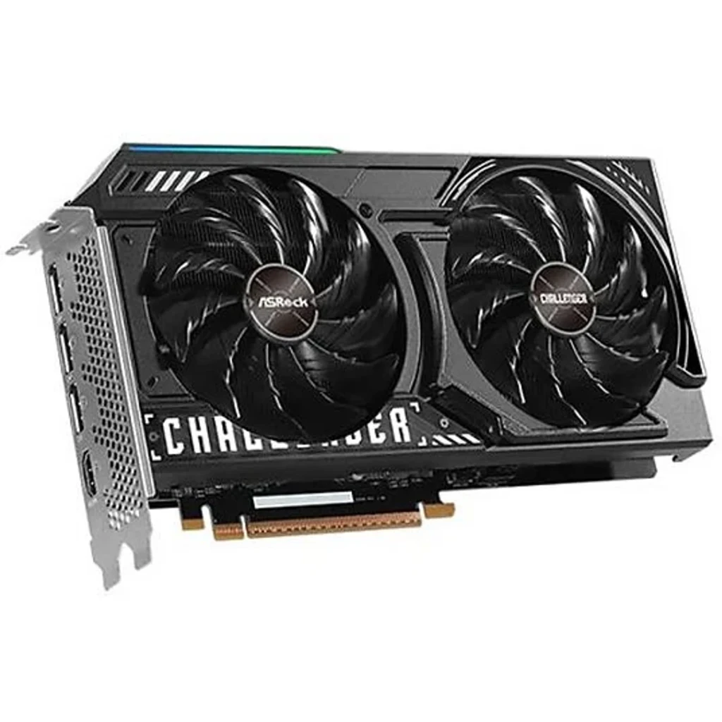 ASRock Arc B570 Challenger OC 10GB Preto, vista frontal: dois ventiladores, logo Challenger e faixa RGB azul-verde - Item4