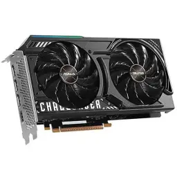 ASRock Arc B570 Challenger OC 10GB GDDR6 negra, vista en ángulo: dos ventiladores, RGB superior y bracket con puertos