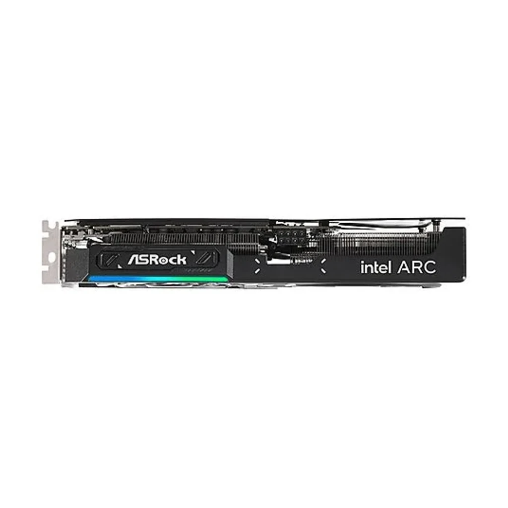ASRock Arc B570 Challenger OC 10GB Preto, vista frontal: dois ventiladores, logo Challenger e faixa RGB azul-verde - Item5