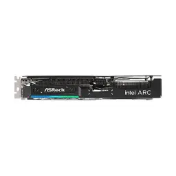 ASRock Arc B570 Challenger OC 10GB negro, vista lateral: perfil delgado con logo ASRock, Intel ARC y franja RGB azul-verde