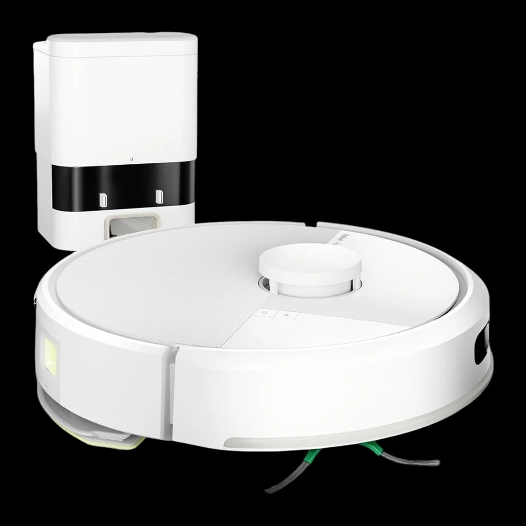 iRobot Roomba Combo 105+ blanc, kit: robot avec base d'auto-vidage blanche vue de face en angle élevé