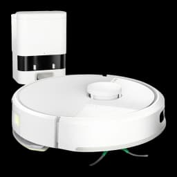 iRobot Roomba Combo 105+ blanc, kit: robot avec base d'auto-vidage blanche vue de face en angle élevé