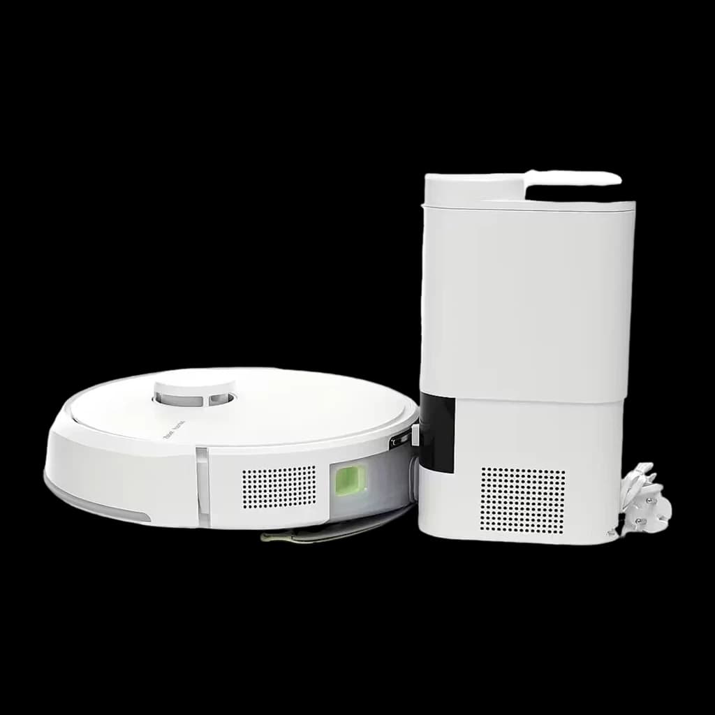 iRobot Roomba Combo 105+ blanc, kit: robot et base d'auto-vidage séparés, vue latérale avec câble d'alimentation visible